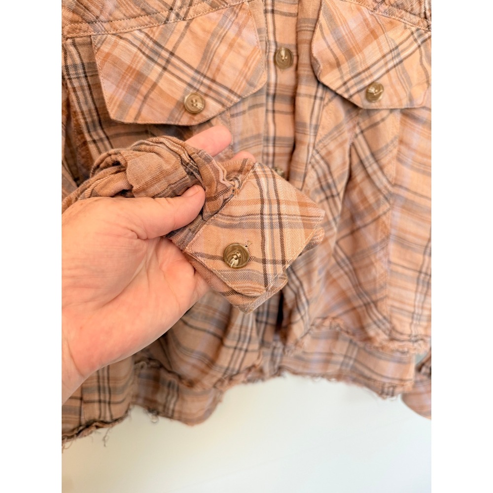 Millibon USA Gauzy Cotton Beige Plaid Cropped Western Swing Shirt Raw Hem Small - Picture 4 of 6